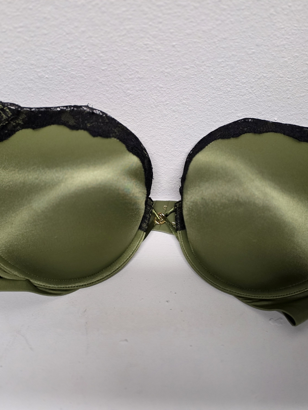 VS Olive Green Satin Lace Trim Push-Up Bra